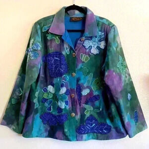 ALEX KU Women’s Tie Dye Floral Beaded Patch Embellishments Blazer Jacket Size 1X